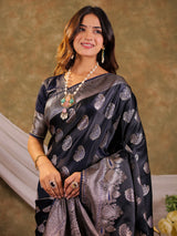 Dark Navy Blue Kanjivaram Banarasi Satin Silk Saree with Intricate Silver Zari Weaving, Royal Heritage Pallu & Tassel Detailing