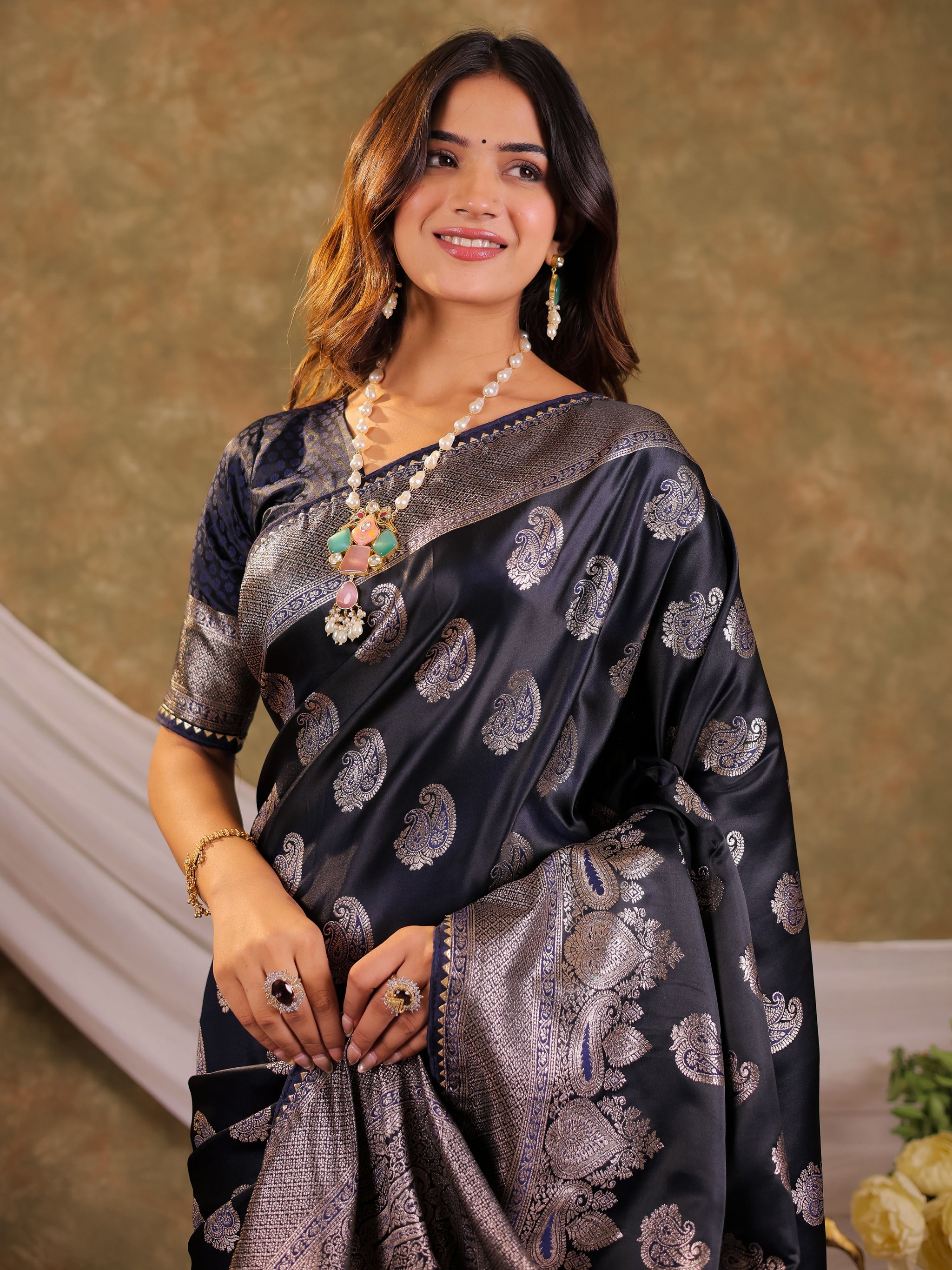 Dark Navy Blue Kanjivaram Banarasi Satin Silk Saree with Intricate Silver Zari Weaving, Royal Heritage Pallu & Tassel Detailing