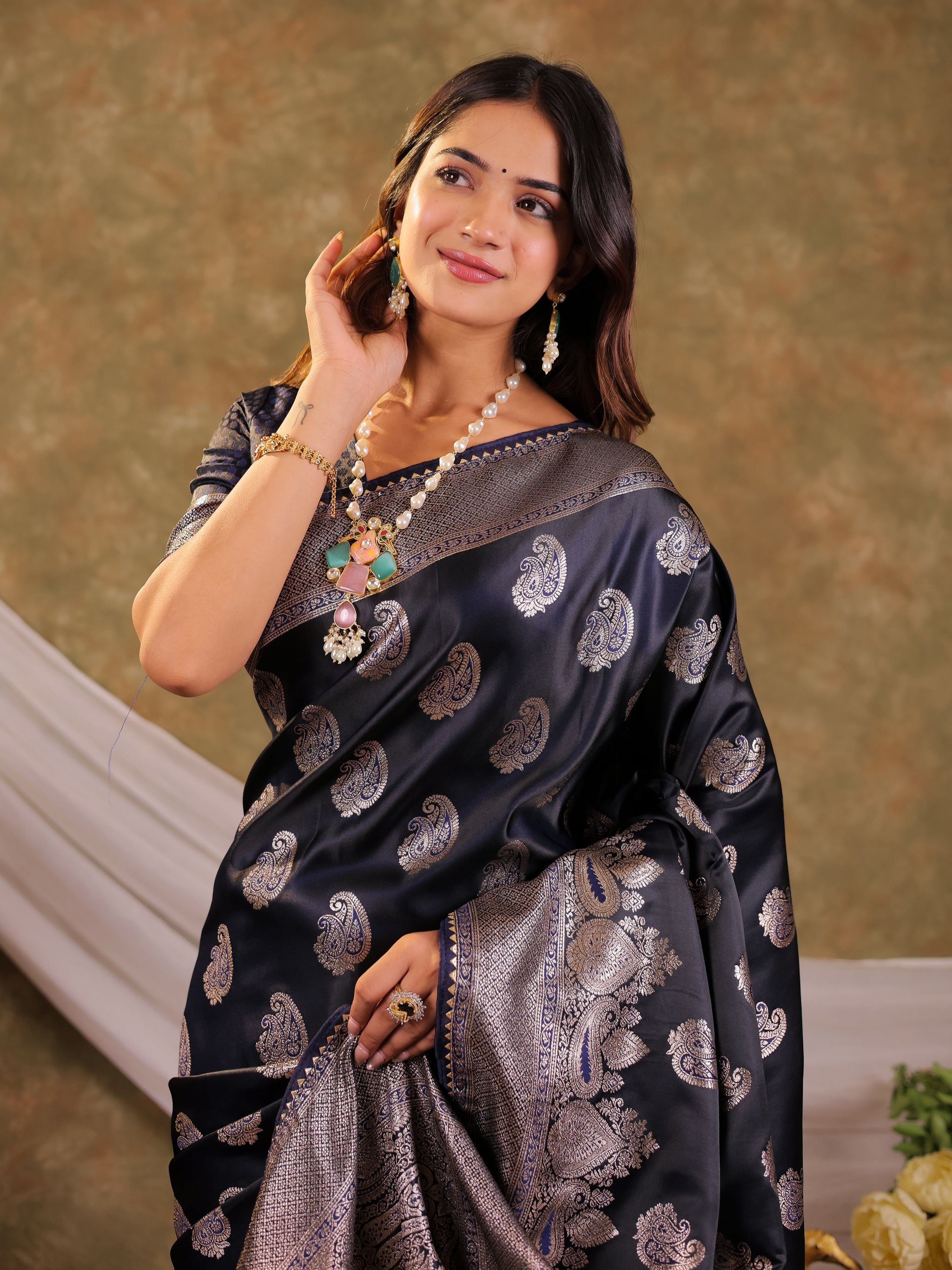 Dark Navy Blue Kanjivaram Banarasi Satin Silk Saree with Intricate Silver Zari Weaving, Royal Heritage Pallu & Tassel Detailing