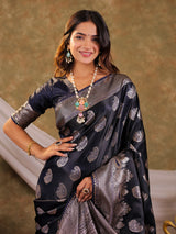 Dark Navy Blue Kanjivaram Banarasi Satin Silk Saree with Intricate Silver Zari Weaving, Royal Heritage Pallu & Tassel Detailing