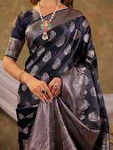 Dark Navy Blue Kanjivaram Banarasi Satin Silk Saree with Intricate Silver Zari Weaving, Royal Heritage Pallu & Tassel Detailing