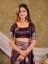 Wine Purple Kanjivaram Banarasi Satin Silk Saree with Silver Zari Weaving, Heritage Pallu & Tassel Detailing