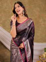 Wine Purple Kanjivaram Banarasi Satin Silk Saree with Silver Zari Weaving, Heritage Pallu & Tassel Detailing