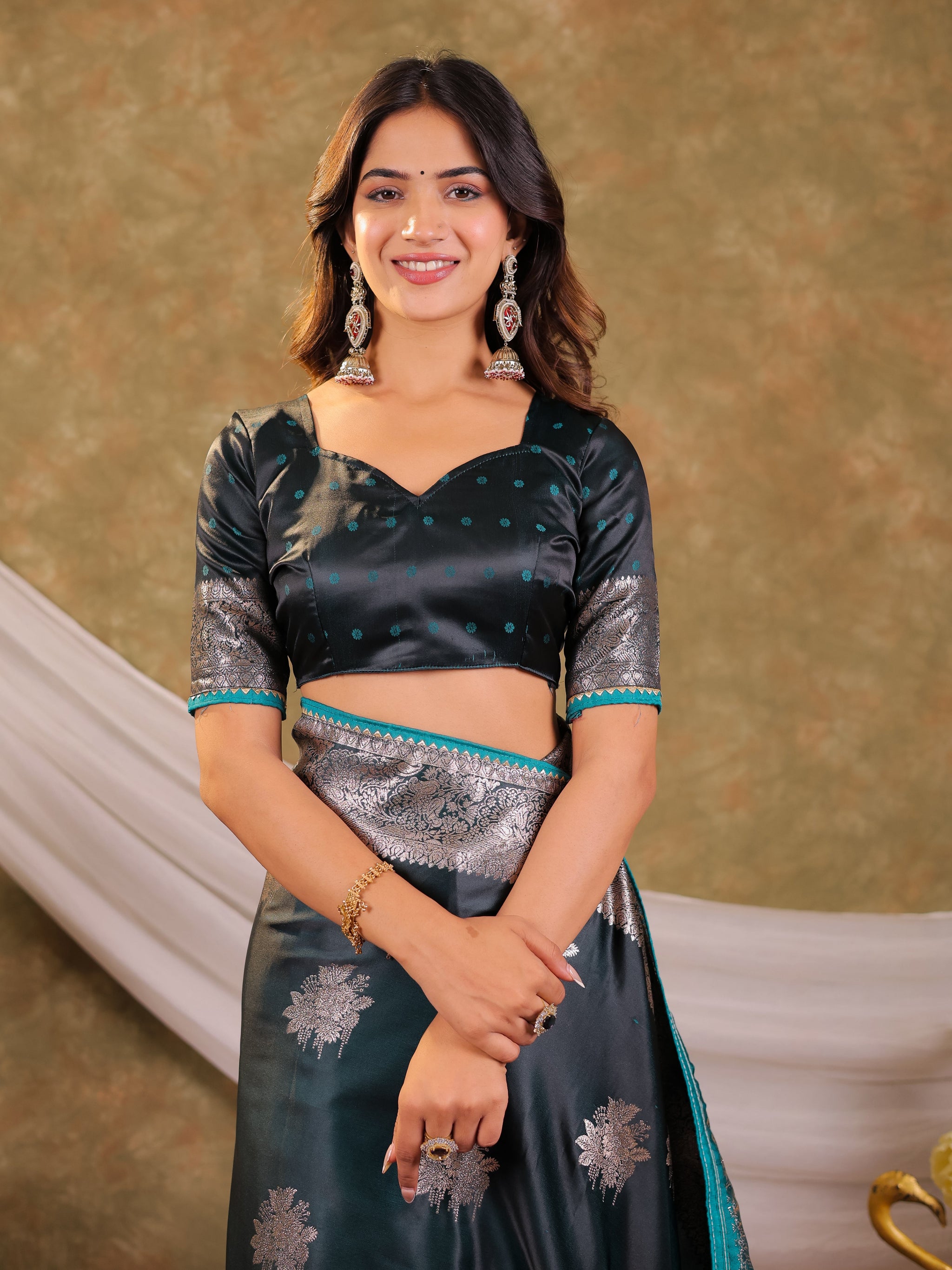 Teal Green Kanjivaram Banarasi Satin Silk Saree with Silver Zari Weaving, Heritage Floral Border & Tassel Detailing