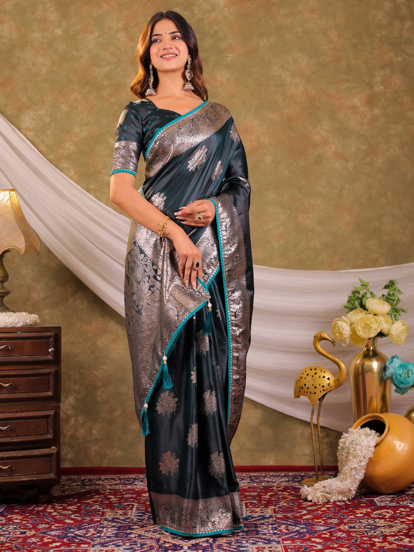 Teal Green Kanjivaram Banarasi Satin Silk Saree with Silver Zari Weaving, Heritage Floral Border & Tassel Detailing