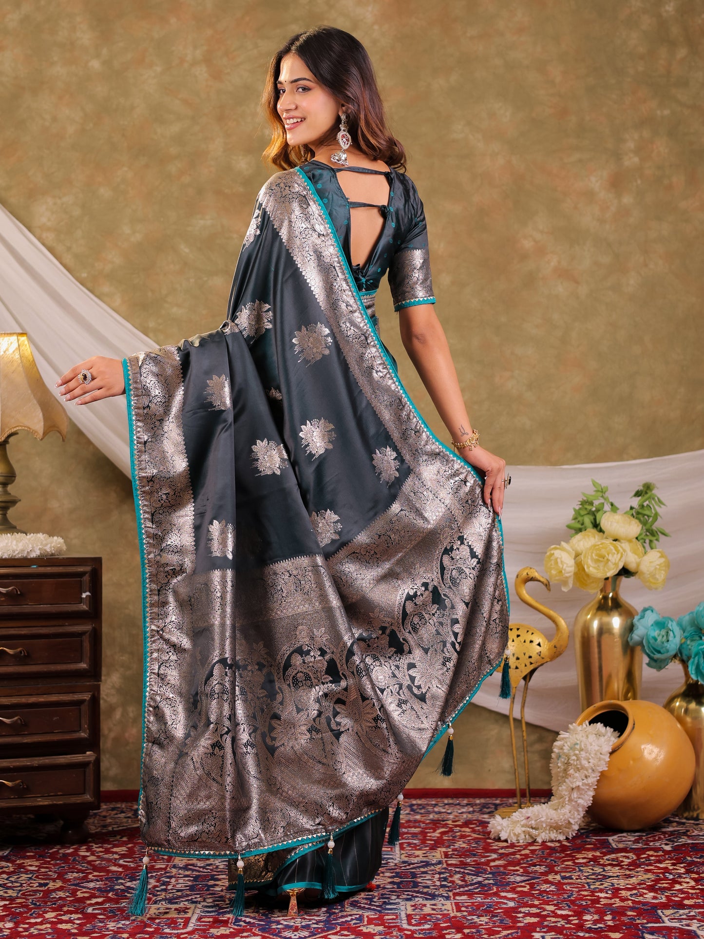 Teal Green Kanjivaram Banarasi Satin Silk Saree with Silver Zari Weaving, Heritage Floral Border & Tassel Detailing