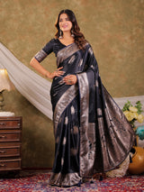 Dark Navy Blue Kanjivaram Banarasi Satin Silk Saree with Silver Zari Weaving, Rich Heritage Pallu & Tassel Detailing