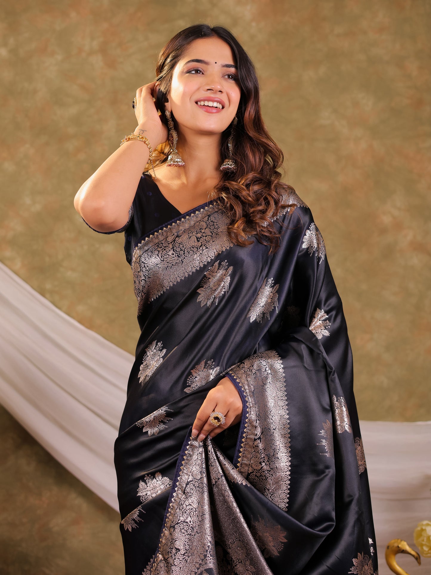 Dark Navy Blue Kanjivaram Banarasi Satin Silk Saree with Silver Zari Weaving, Rich Heritage Pallu & Tassel Detailing