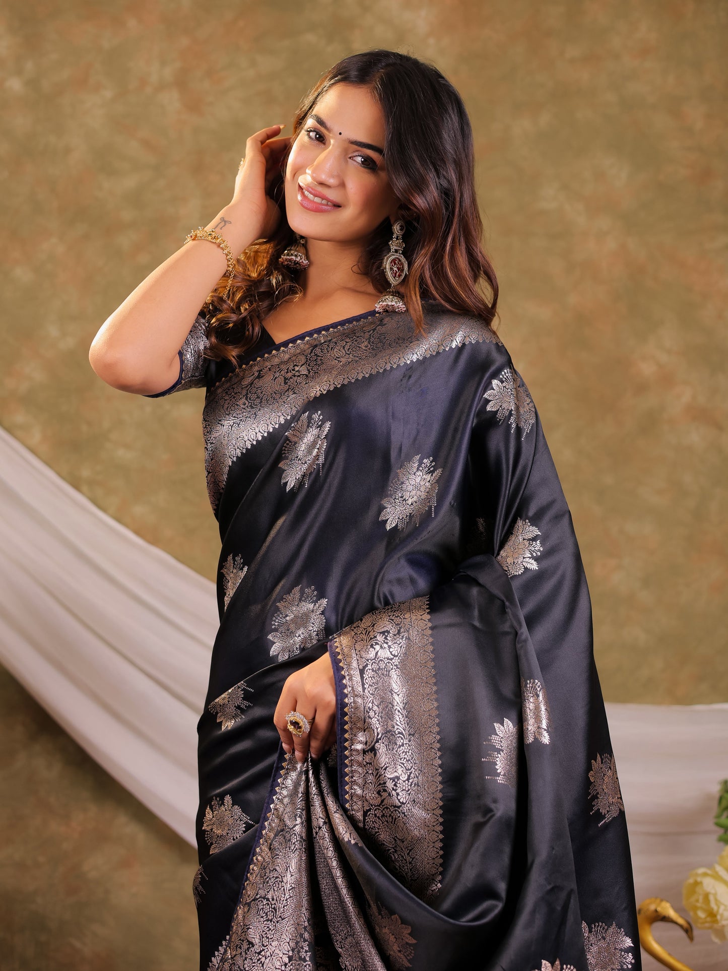 Dark Navy Blue Kanjivaram Banarasi Satin Silk Saree with Silver Zari Weaving, Rich Heritage Pallu & Tassel Detailing