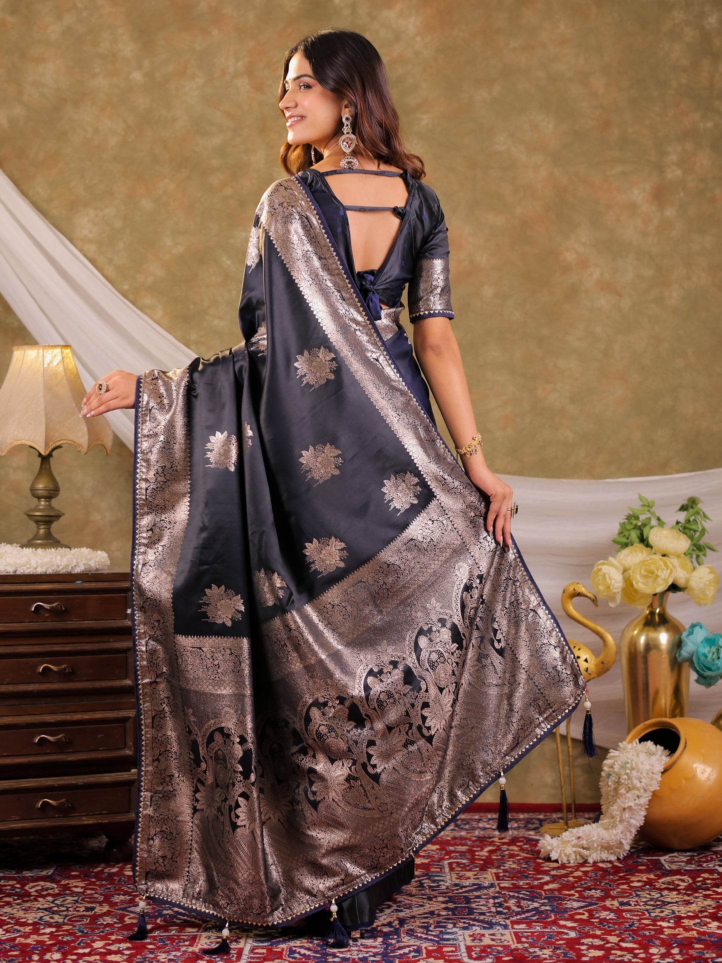 Dark Navy Blue Kanjivaram Banarasi Satin Silk Saree with Silver Zari Weaving, Rich Heritage Pallu & Tassel Detailing