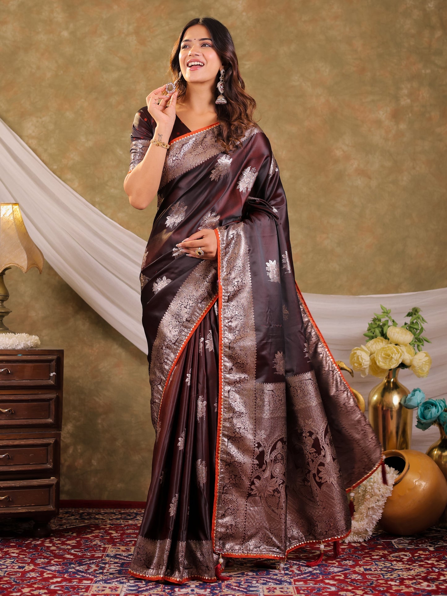 Coffee Brown Kanjivaram Banarasi Satin Silk Saree with Silver Zari Weaving, Heritage Floral Pallu & Tassel Detailing