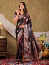 Coffee Brown Kanjivaram Banarasi Satin Silk Saree with Silver Zari Weaving, Heritage Floral Pallu & Tassel Detailing