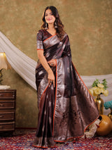 Coffee Brown Kanjivaram Banarasi Satin Silk Saree with Silver Zari Weaving, Heritage Floral Pallu & Tassel Detailing