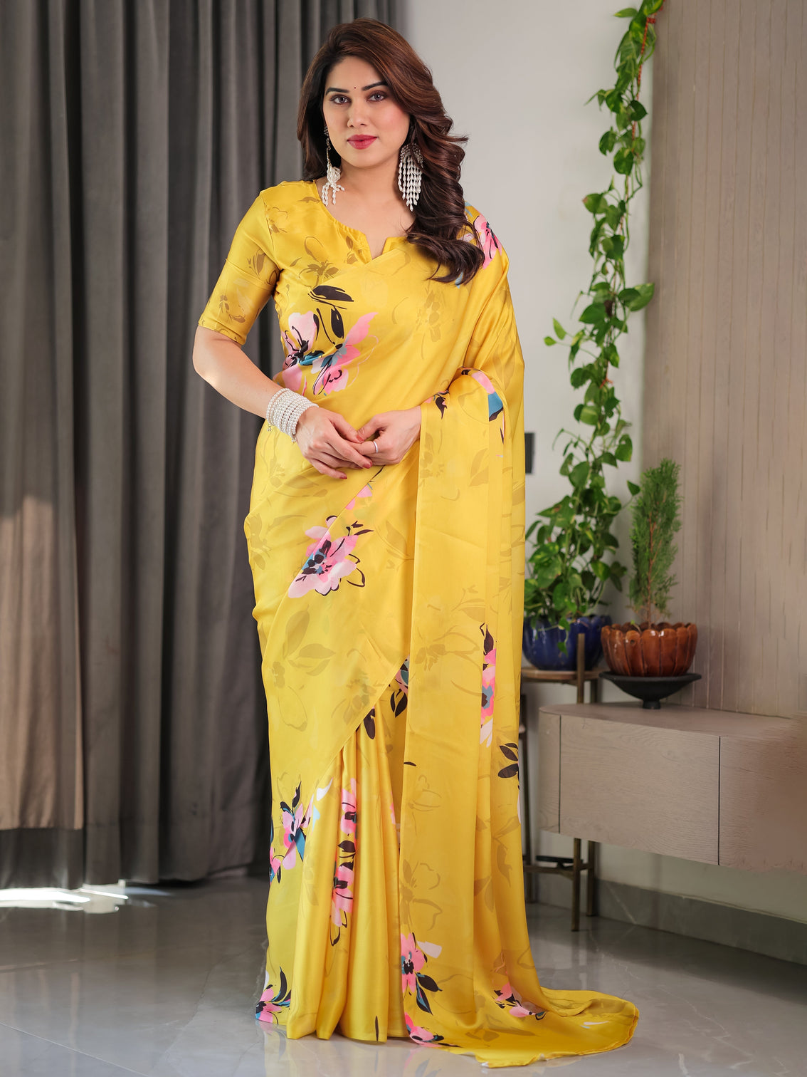 Sunshine yellow floral satin georgette saree with multicolor watercolour flowers designer back knot blouse mameraa