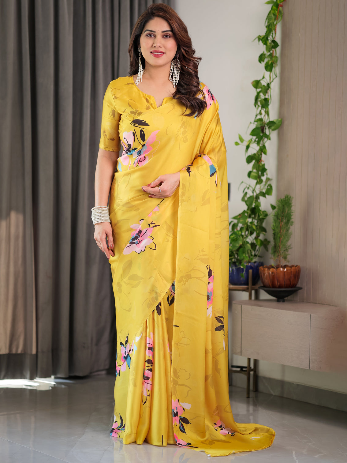 Sunshine yellow floral satin georgette saree with multicolor watercolour flowers designer back knot blouse