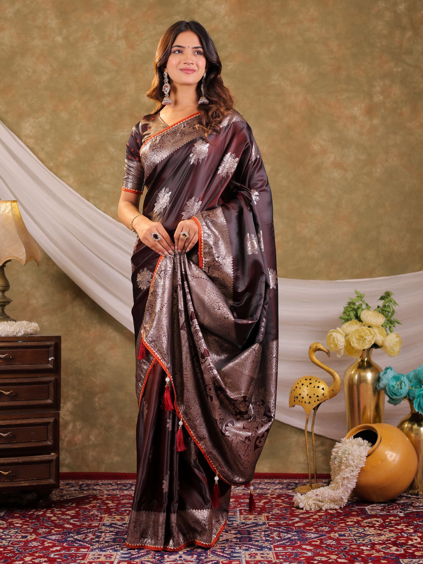 Coffee Brown Kanjivaram Banarasi Satin Silk Saree with Silver Zari Weaving, Heritage Floral Pallu & Tassel Detailing