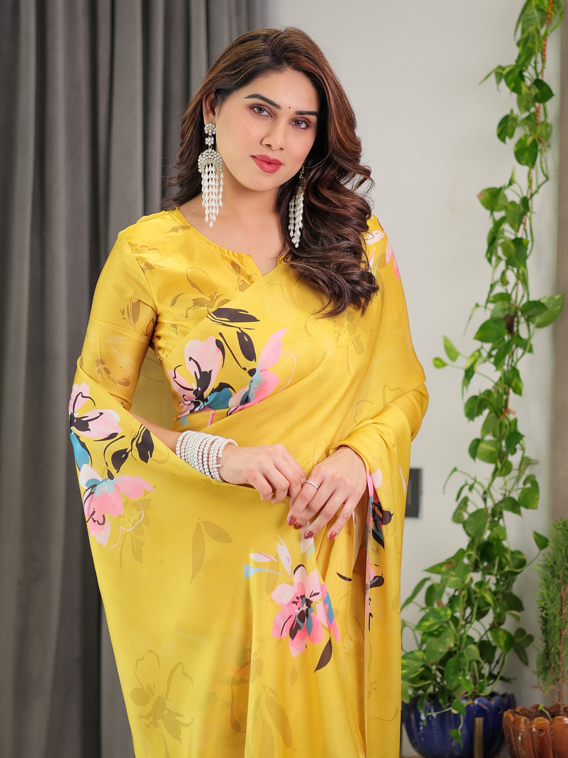 Sunshine yellow floral satin georgette saree with multicolor watercolour flowers designer back knot blouse