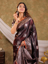 Coffee Brown Kanjivaram Banarasi Satin Silk Saree with Silver Zari Weaving, Heritage Floral Pallu & Tassel Detailing