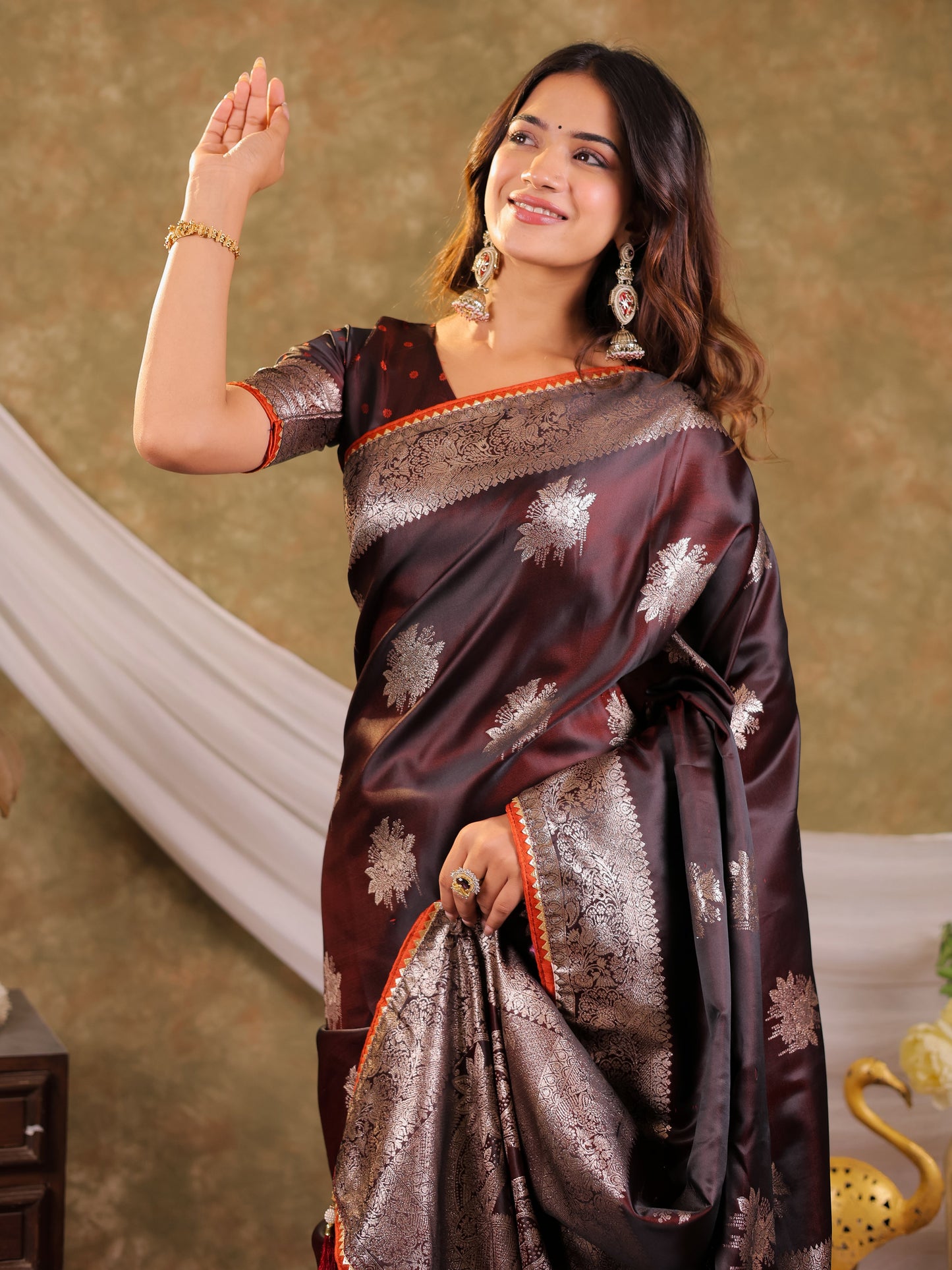 Coffee Brown Kanjivaram Banarasi Satin Silk Saree with Silver Zari Weaving, Heritage Floral Pallu & Tassel Detailing