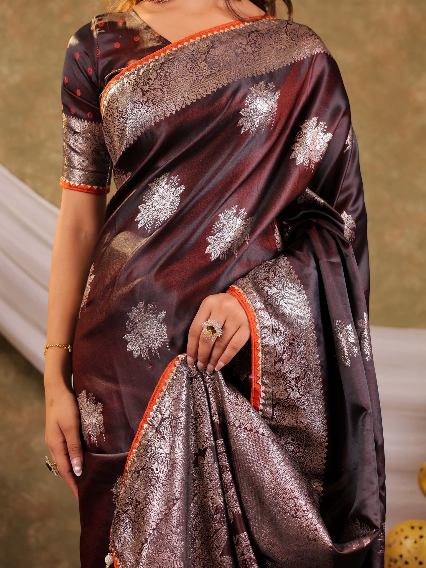 Coffee Brown Kanjivaram Banarasi Satin Silk Saree with Silver Zari Weaving, Heritage Floral Pallu & Tassel Detailing