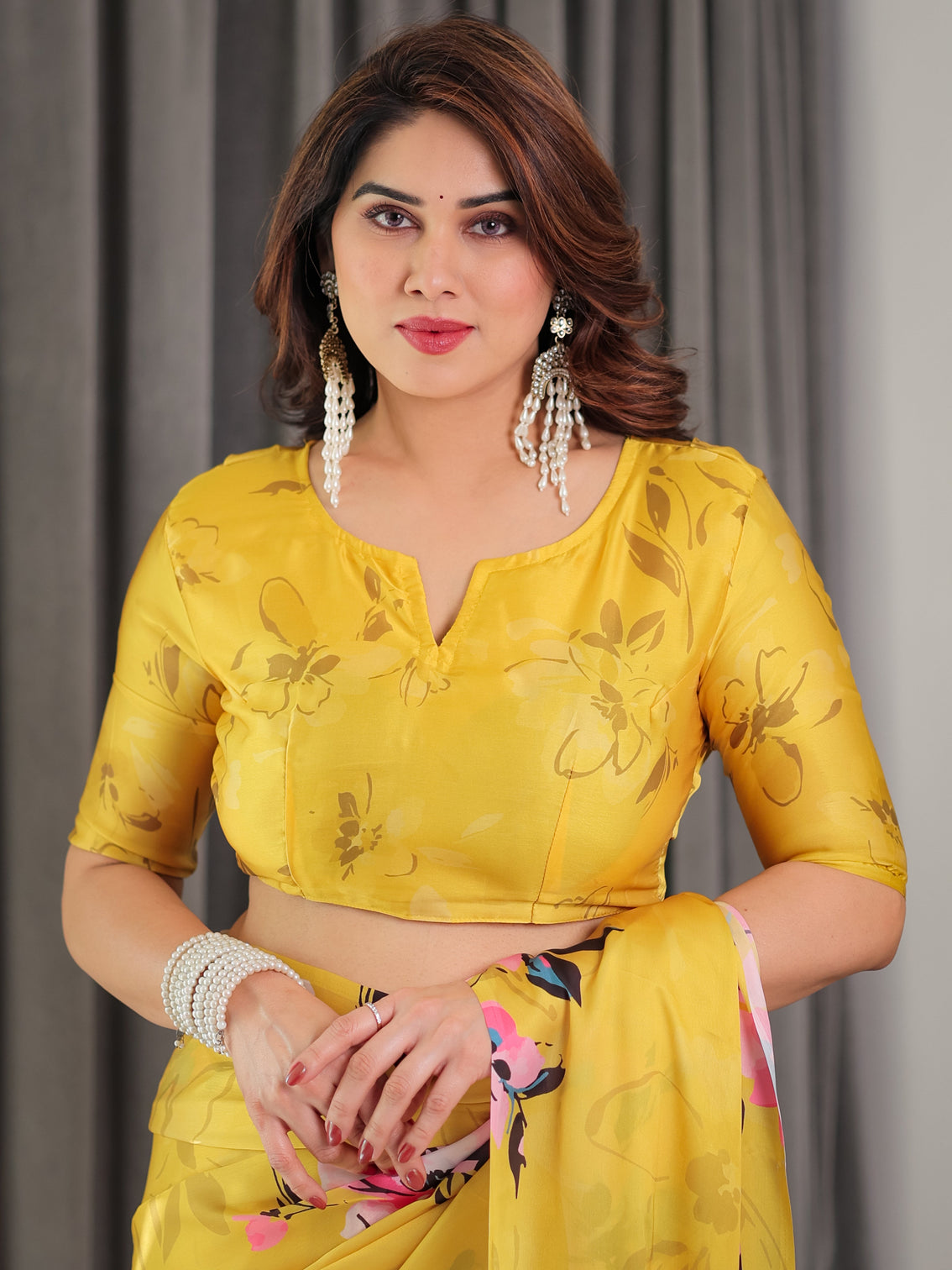 Sunshine yellow floral satin georgette saree with multicolor watercolour flowers designer back knot blouse