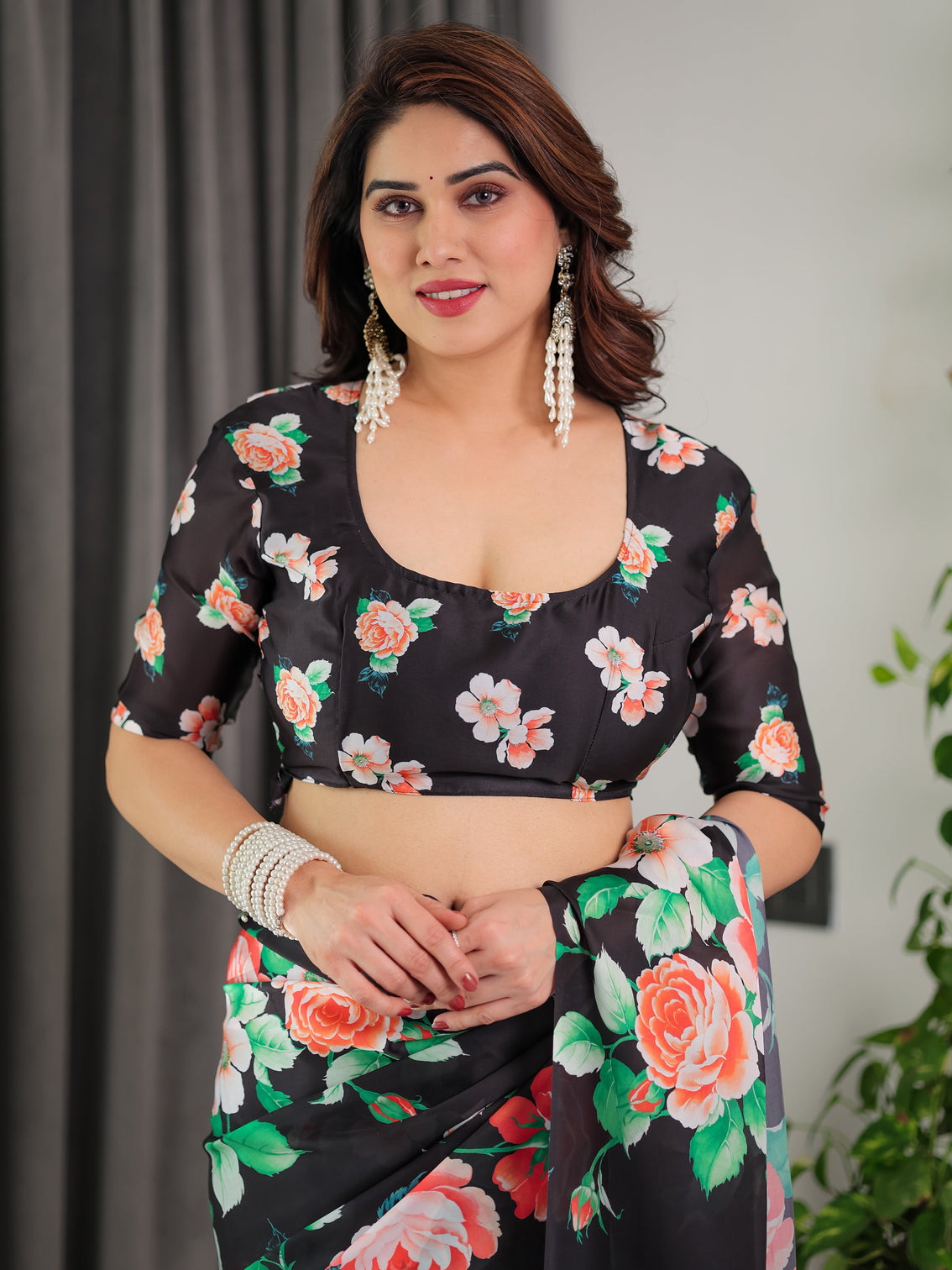 Black floral satin georgette saree with multicolor rose print designer tie back blouse premium soft draping saree
