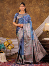 Steel Blue Kanjivaram Banarasi Satin Silk Saree with Antique Silver Zari Weaving, Heritage Pallu & Tassel Detailing