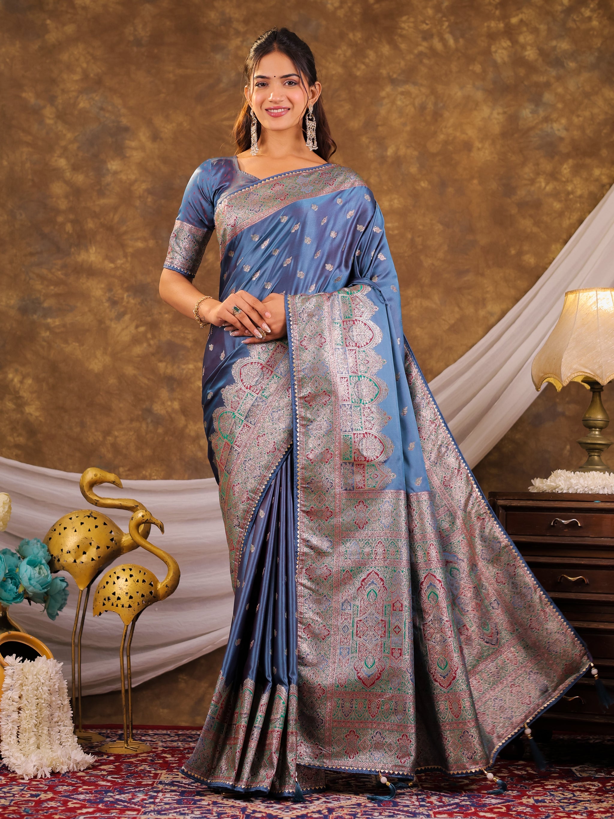 Steel Blue Kanjivaram Banarasi Satin Silk Saree with Antique Silver Zari Weaving, Heritage Pallu & Tassel Detailing