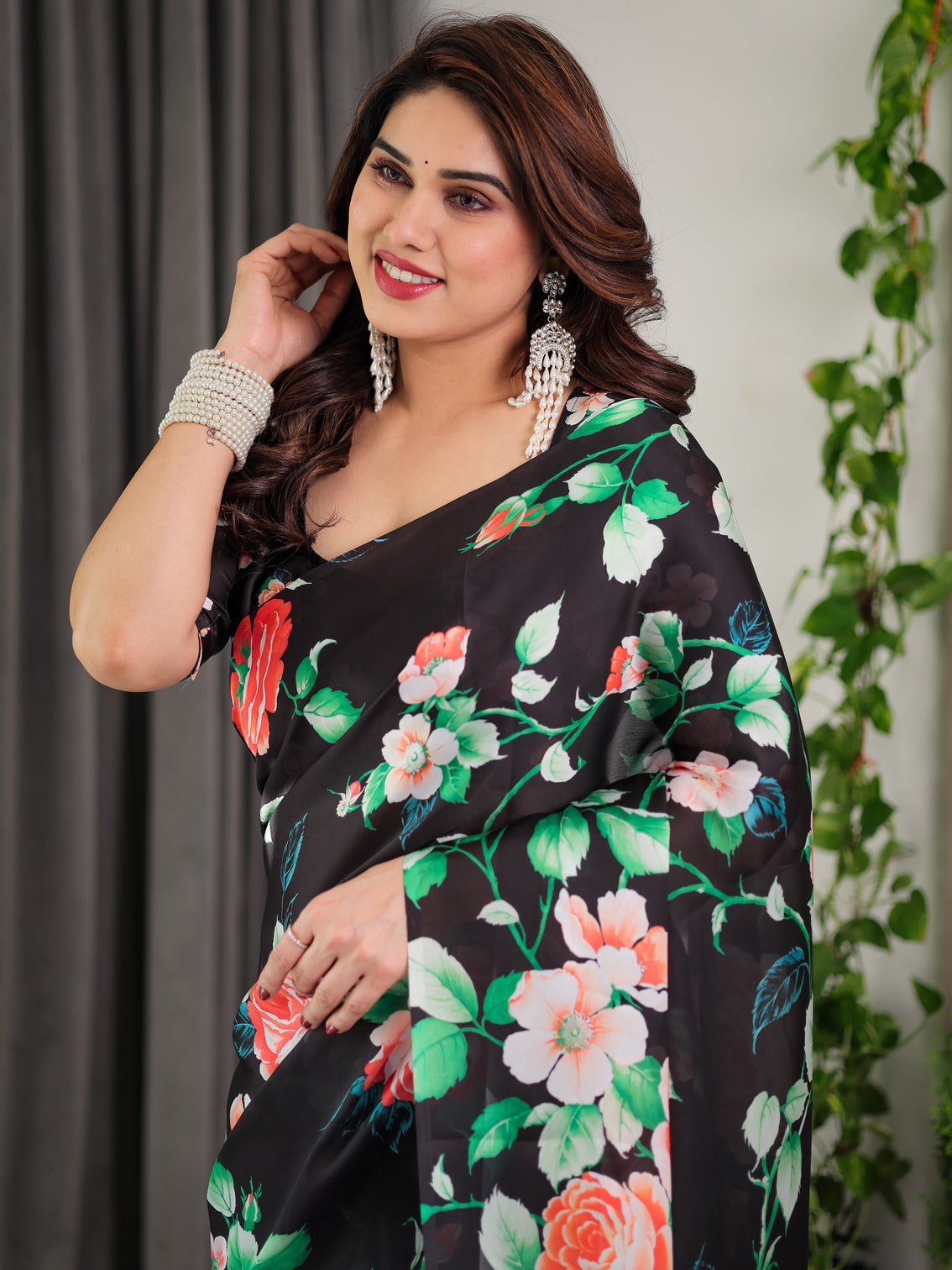Black floral satin georgette saree with multicolor rose print designer tie back blouse premium soft draping saree