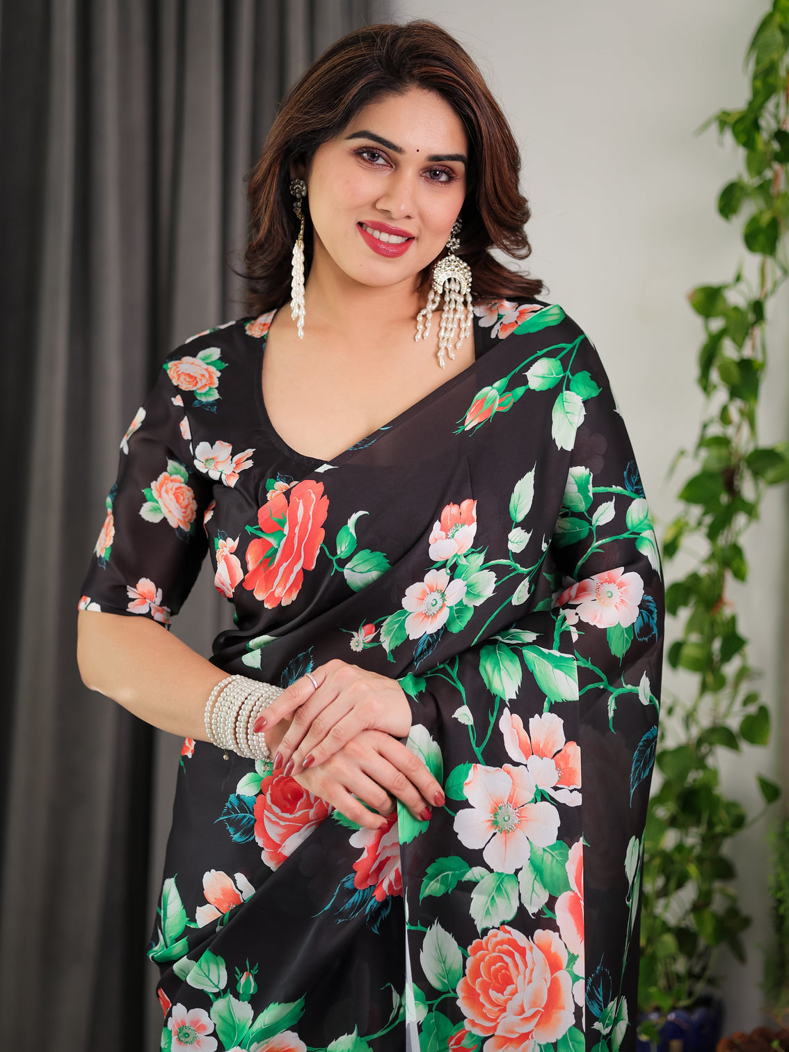 Black floral satin georgette saree with multicolor rose print designer tie back blouse premium soft draping saree