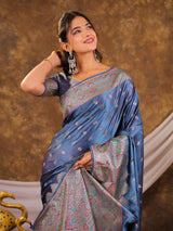 Steel Blue Kanjivaram Banarasi Satin Silk Saree with Antique Silver Zari Weaving, Heritage Pallu & Tassel Detailing