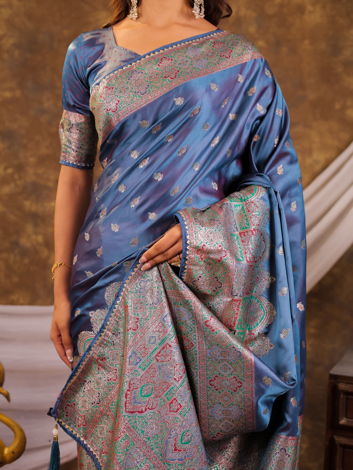 Steel Blue Kanjivaram Banarasi Satin Silk Saree with Antique Silver Zari Weaving, Heritage Pallu & Tassel Detailing