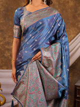 Steel Blue Kanjivaram Banarasi Satin Silk Saree with Antique Silver Zari Weaving, Heritage Pallu & Tassel Detailing