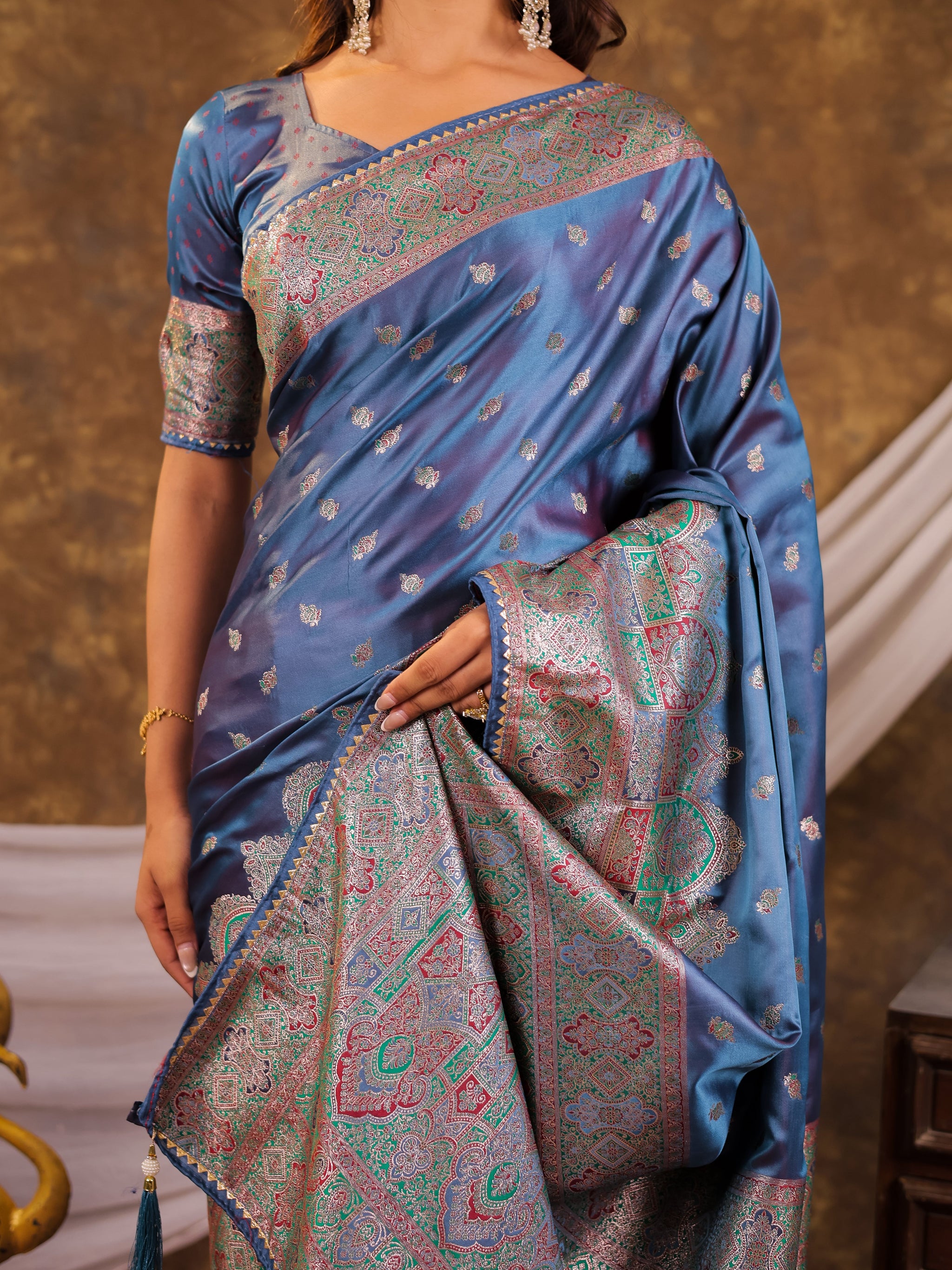 Steel Blue Kanjivaram Banarasi Satin Silk Saree with Antique Silver Zari Weaving, Heritage Pallu & Tassel Detailing