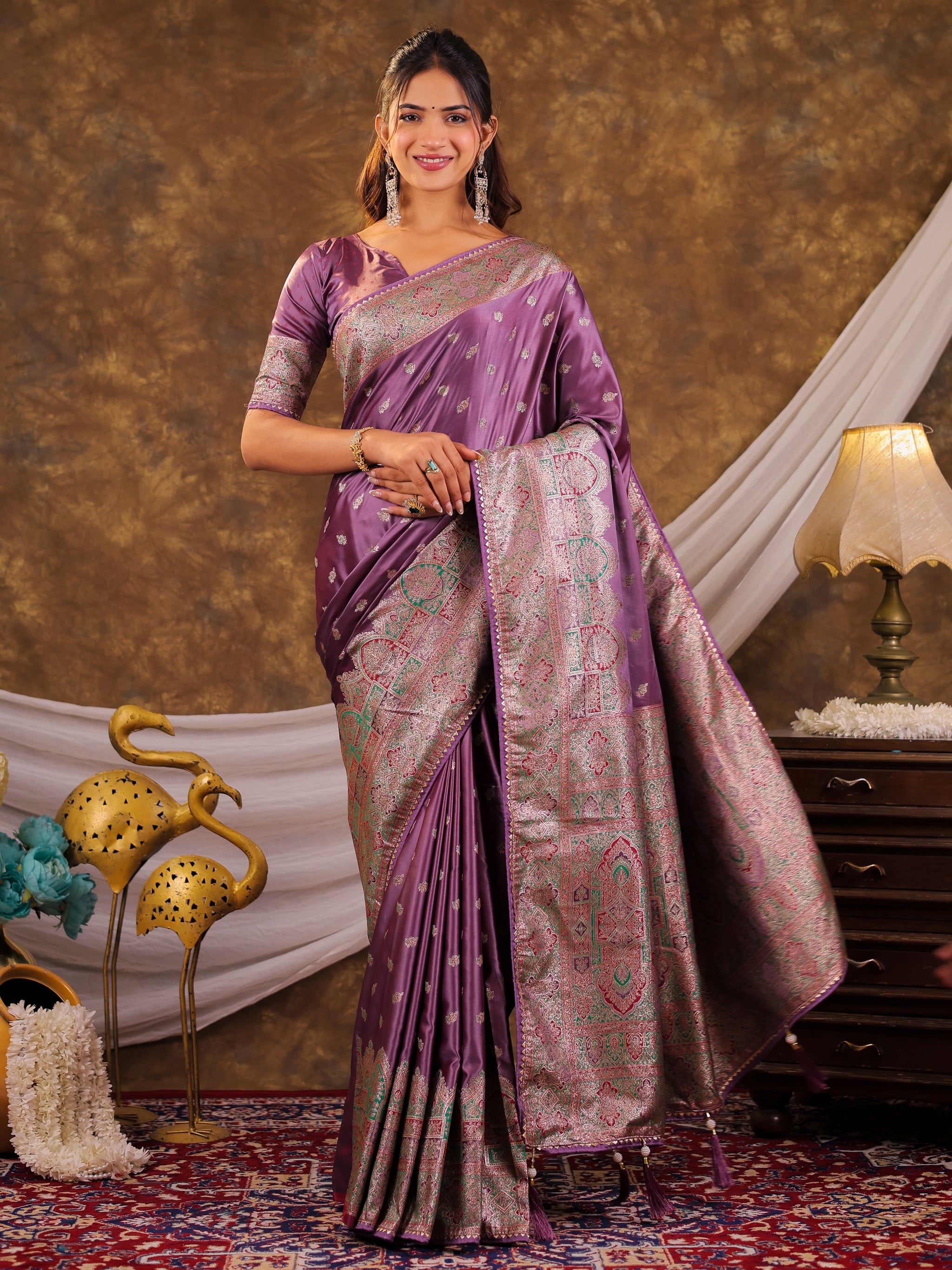 Lavender Purple Kanjivaram Banarasi Satin Silk Saree with Antique Silver Zari Weaving, Heritage Pallu & Tassel Detailing