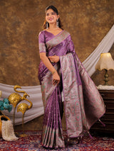 Lavender Purple Kanjivaram Banarasi Satin Silk Saree with Antique Silver Zari Weaving, Heritage Pallu & Tassel Detailing