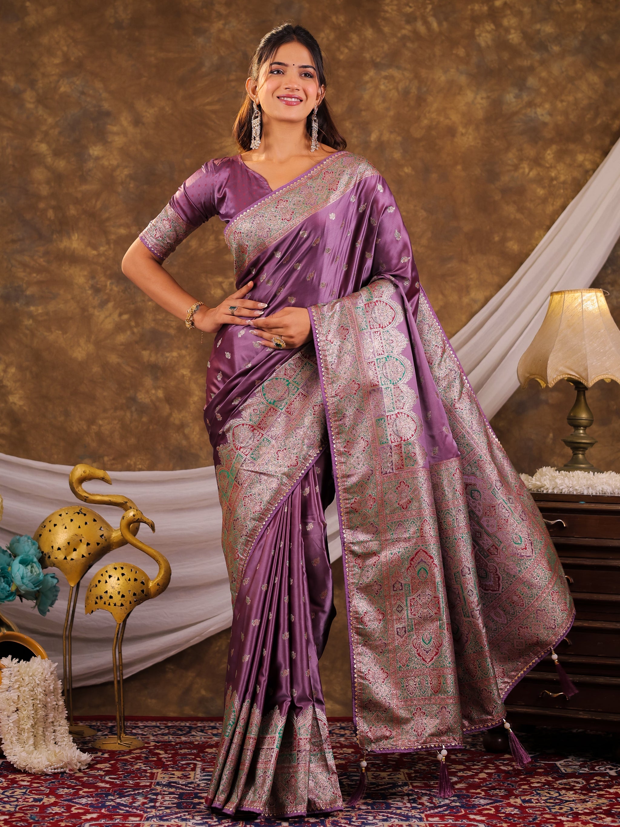 Lavender Purple Kanjivaram Banarasi Satin Silk Saree with Antique Silver Zari Weaving, Heritage Pallu & Tassel Detailing
