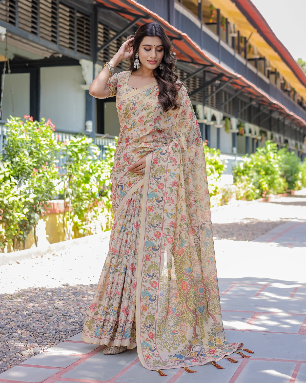 Ivory beige handloom cotton saree with multicolor floral peacock tree of life pallu