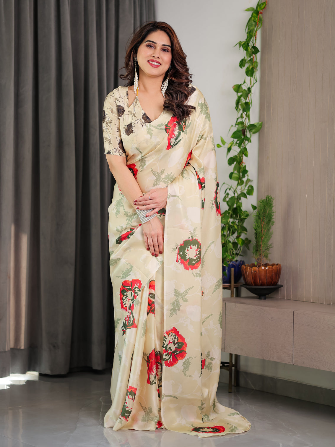 Cream floral satin georgette saree with red green artistic flower print and designer contrast blouse