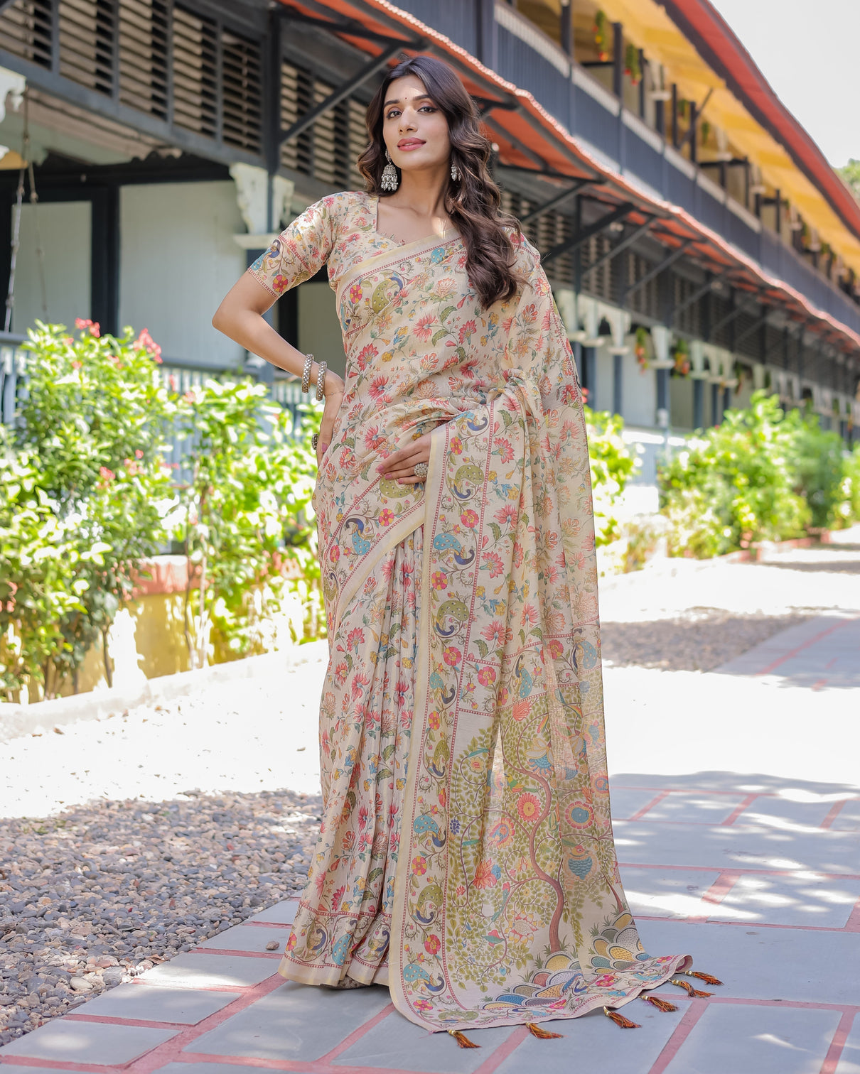 Ivory beige handloom cotton saree with multicolor floral peacock tree of life pallu