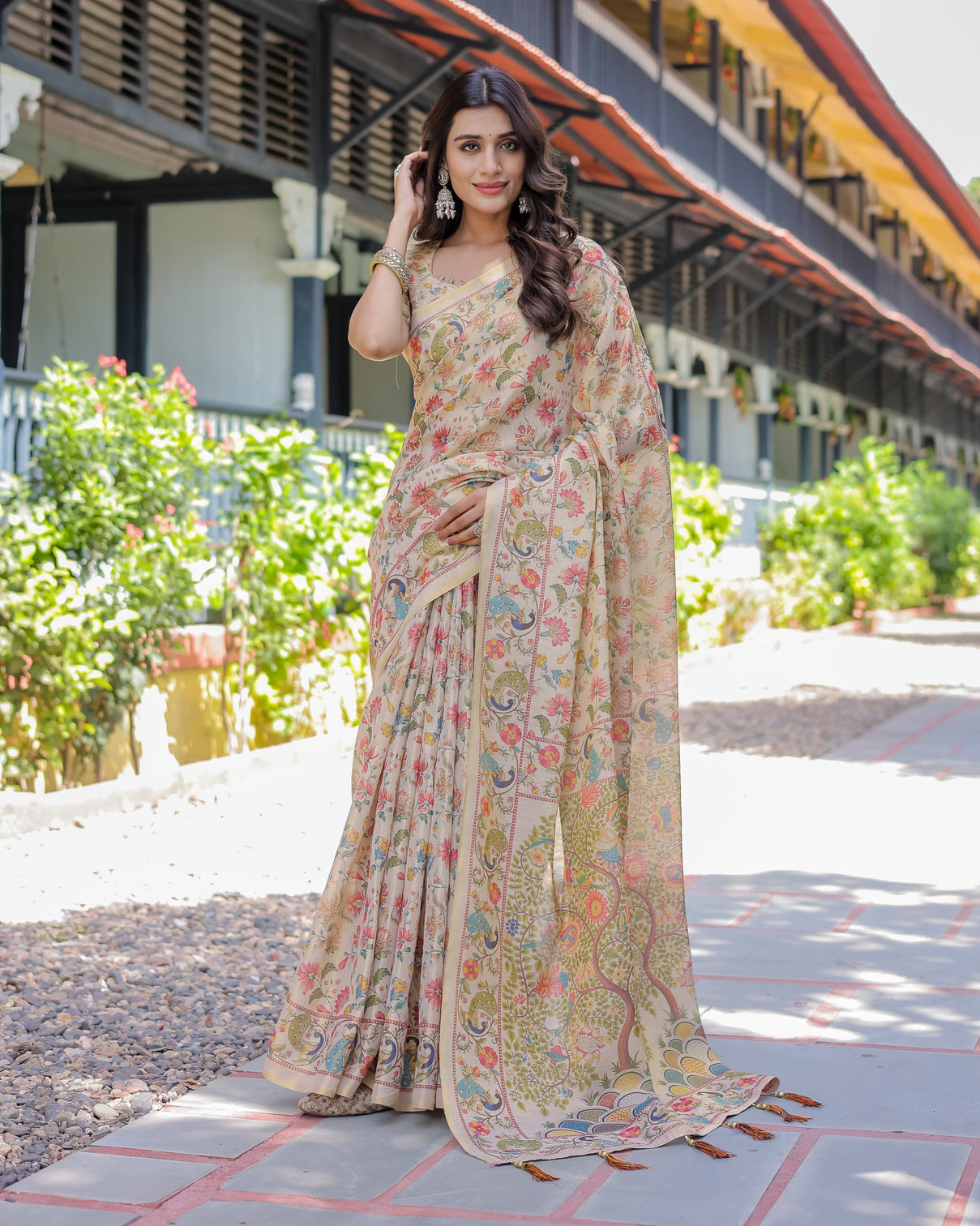 Ivory beige handloom cotton saree with multicolor floral peacock tree of life pallu mameraa