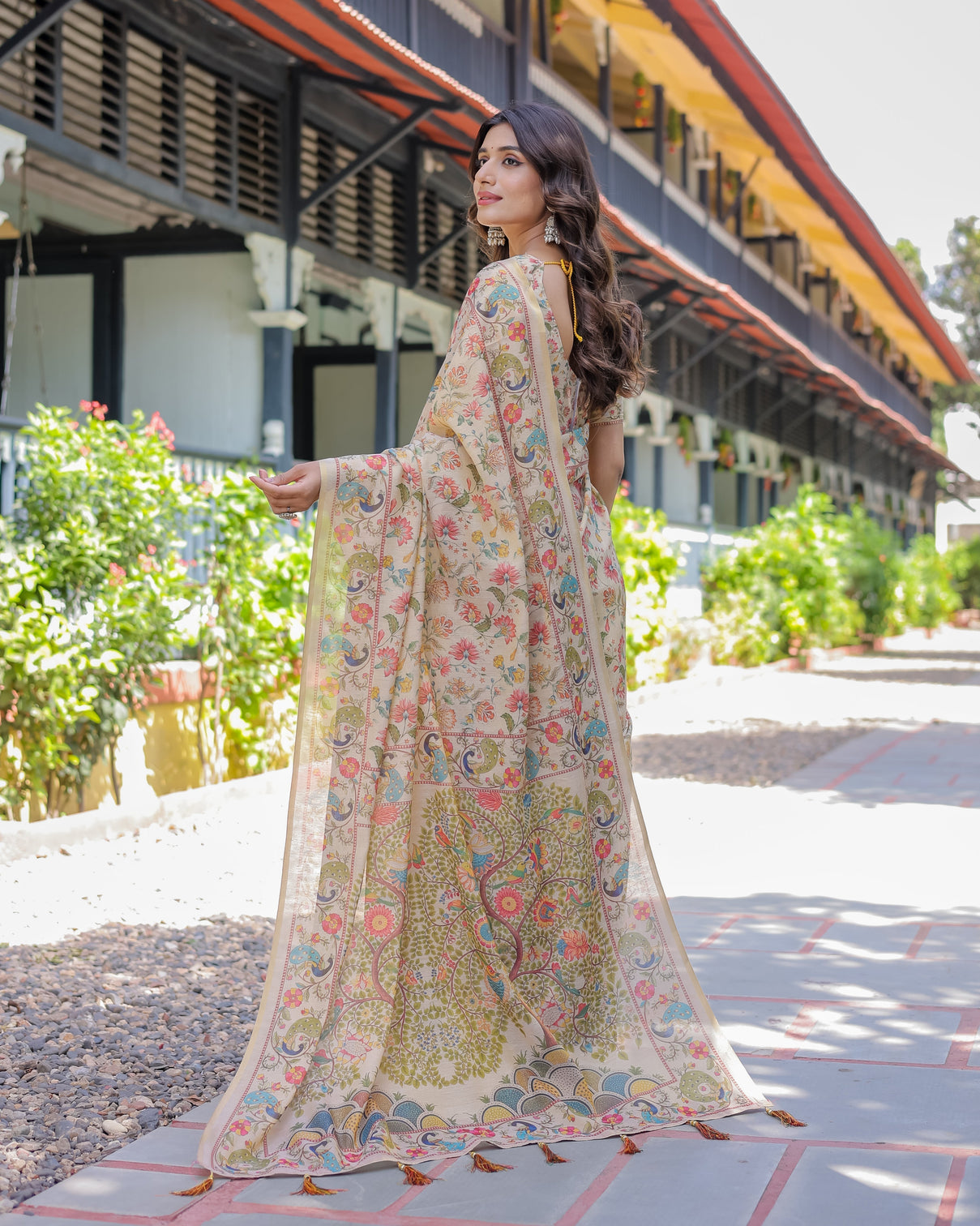 Ivory beige handloom cotton saree with multicolor floral peacock tree of life pallu