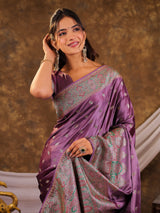 Lavender Purple Kanjivaram Banarasi Satin Silk Saree with Antique Silver Zari Weaving, Heritage Pallu & Tassel Detailing