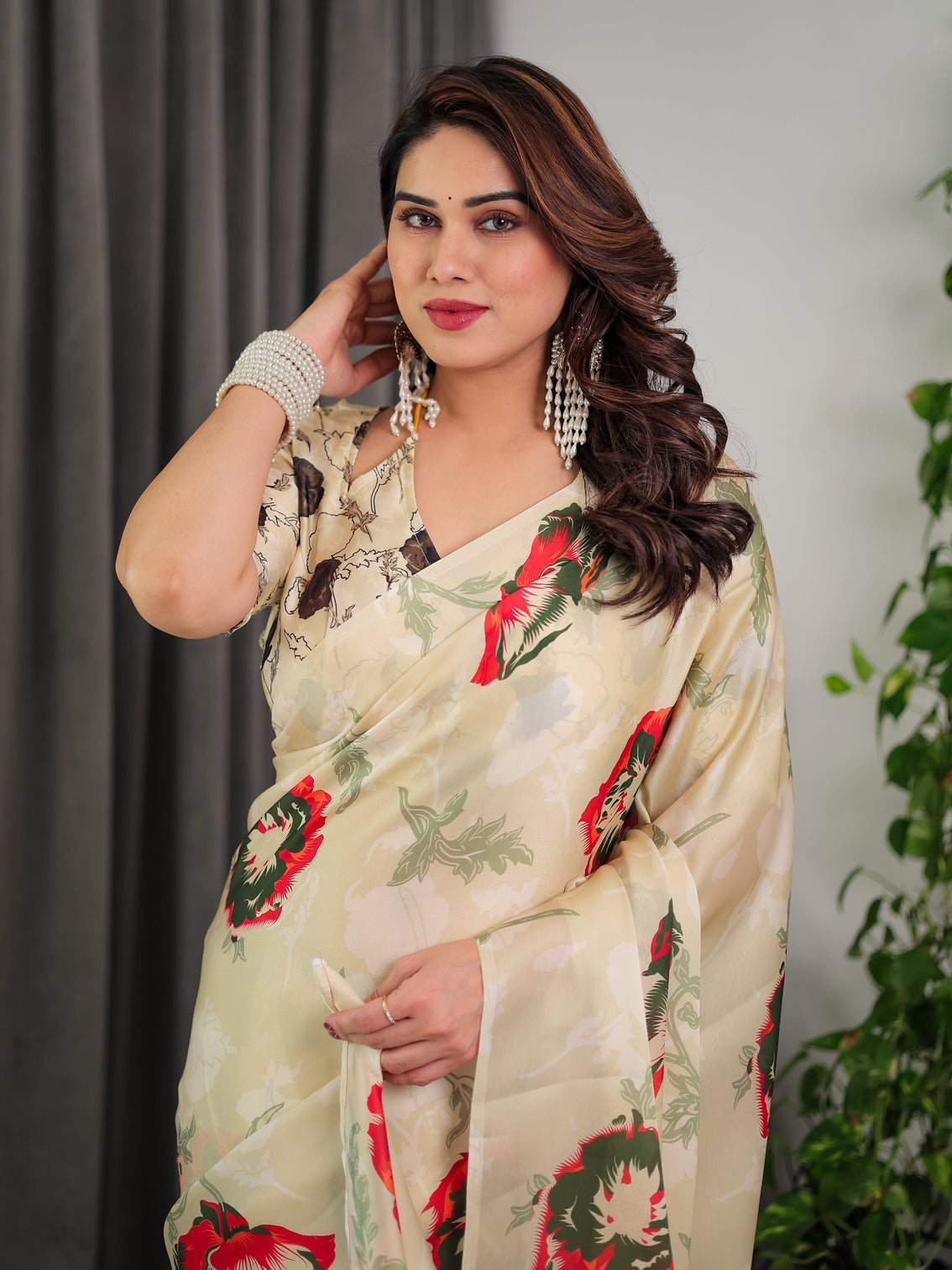 Cream floral satin georgette saree with red green artistic flower print and designer contrast blouse