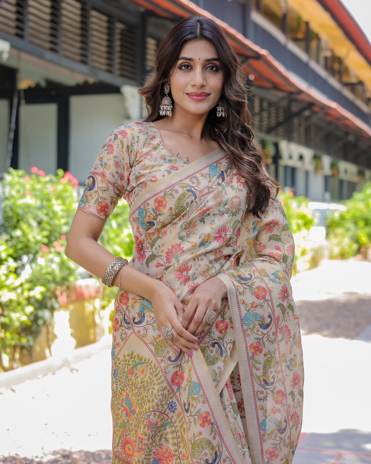 Ivory beige handloom cotton saree with multicolor floral peacock tree of life pallu