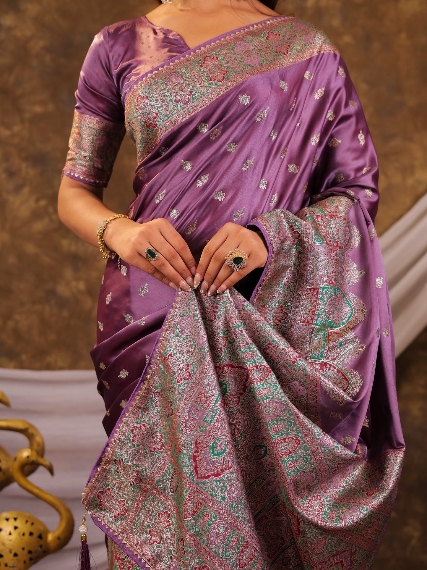 Lavender Purple Kanjivaram Banarasi Satin Silk Saree with Antique Silver Zari Weaving, Heritage Pallu & Tassel Detailing