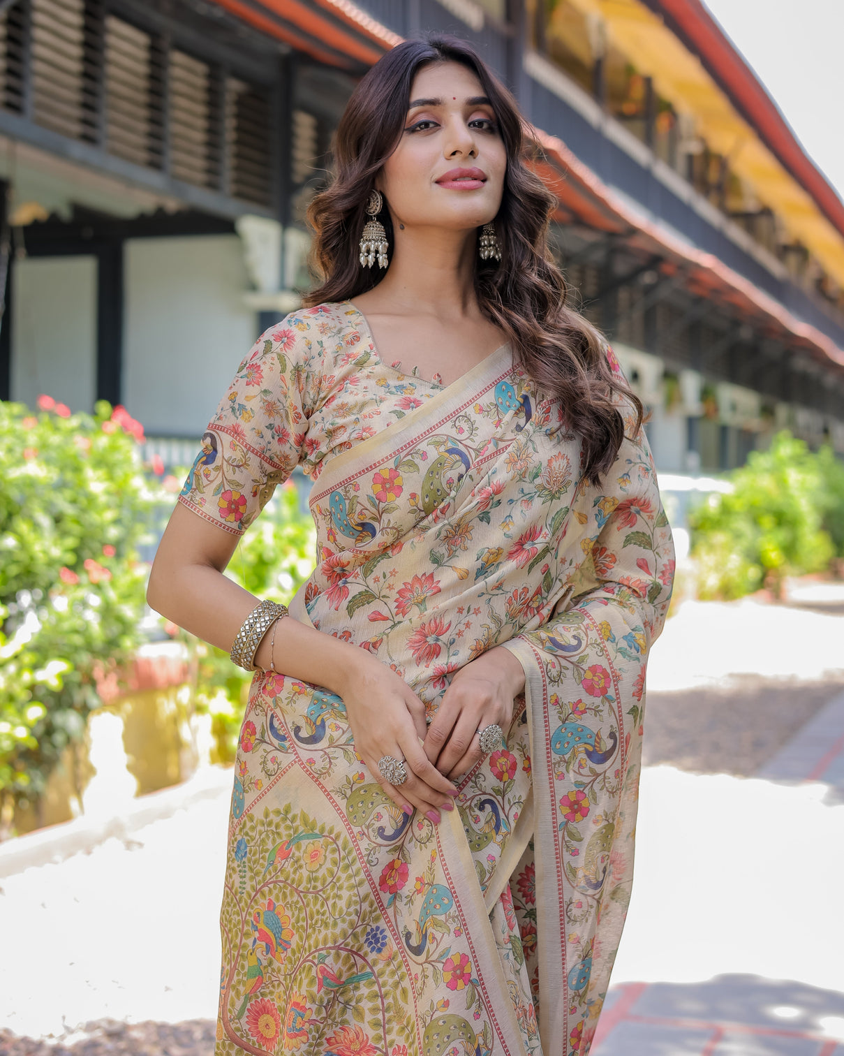Ivory beige handloom cotton saree with multicolor floral peacock tree of life pallu