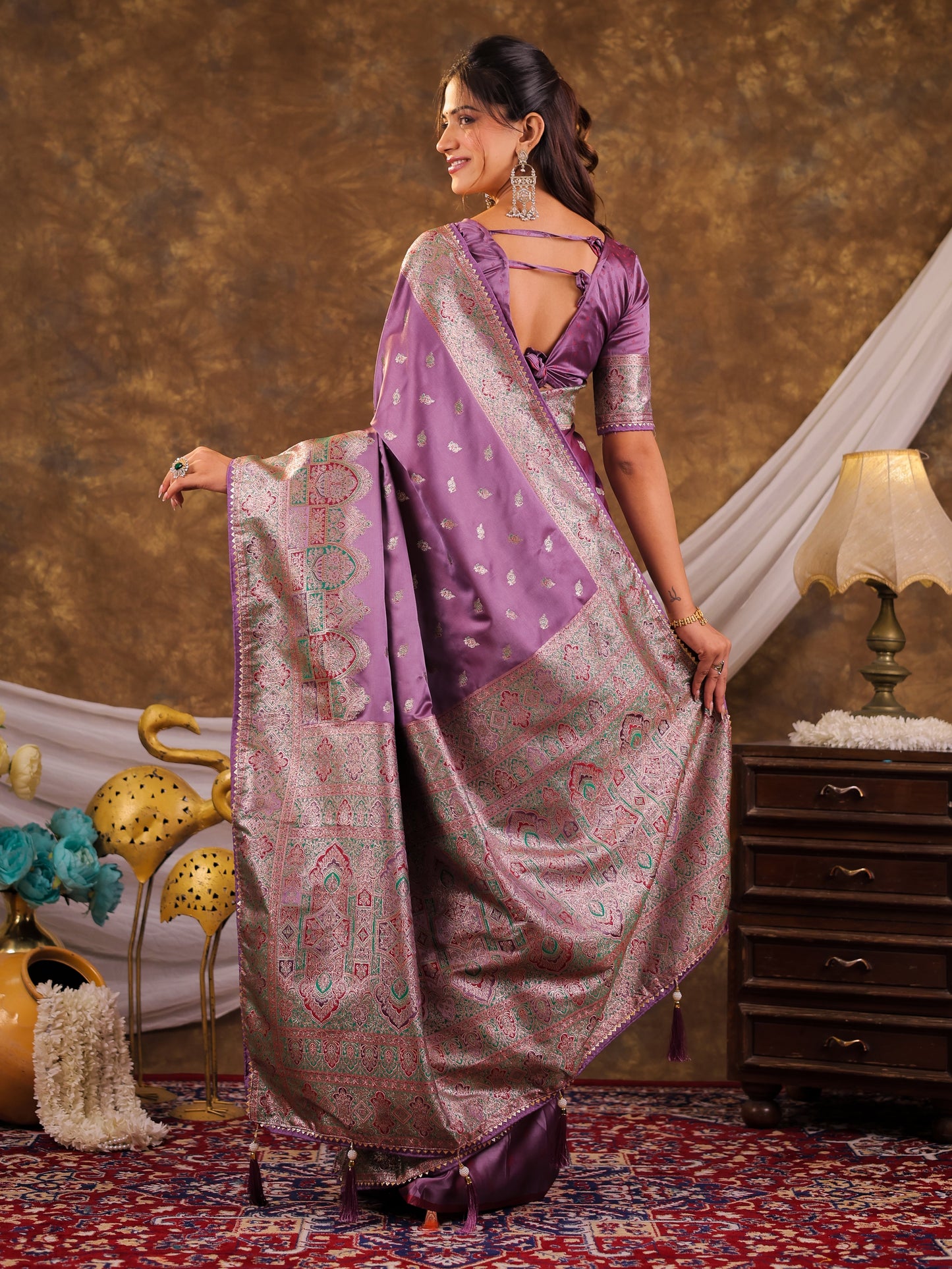 Lavender Purple Kanjivaram Banarasi Satin Silk Saree with Antique Silver Zari Weaving, Heritage Pallu & Tassel Detailing