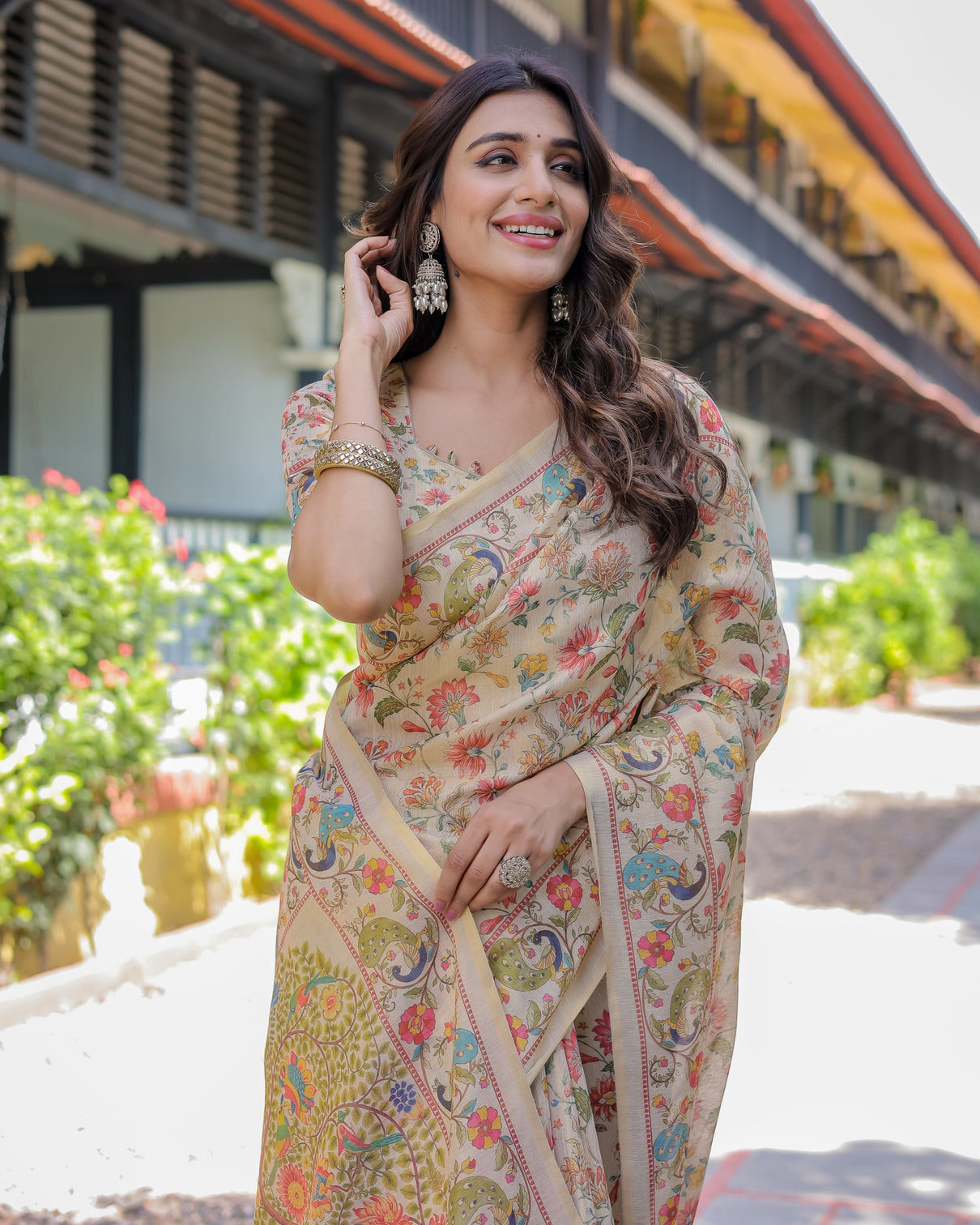 Ivory beige handloom cotton saree with multicolor floral peacock tree of life pallu