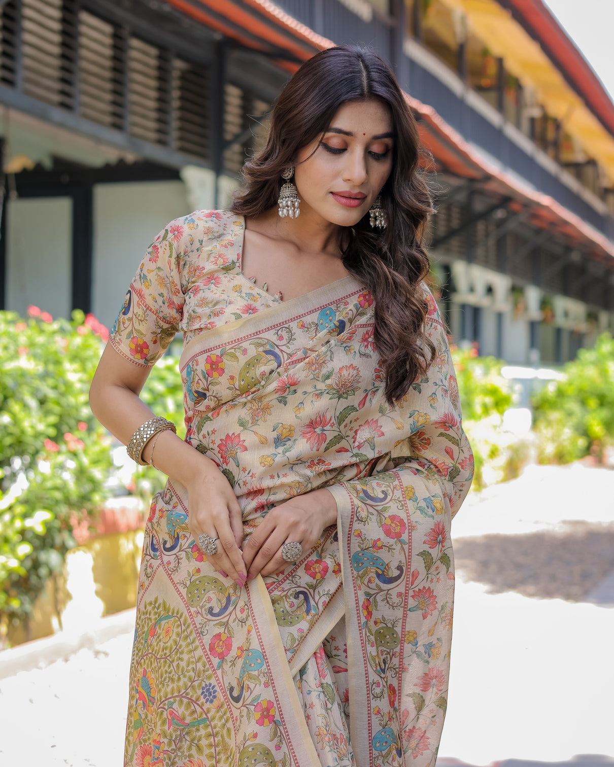 Ivory beige handloom cotton saree with multicolor floral peacock tree of life pallu